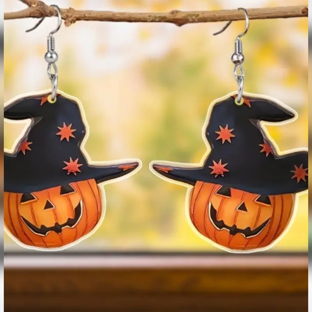 Halloween Pumpkin Witch Hat Earrings